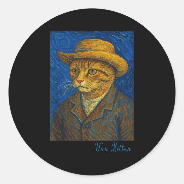 Adesivo Redondo Estilo de Artista de Autotrato de Gatinho Gogh Gat (Frente)