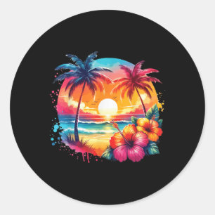 Adesivo Redondo Estilo de Retro Tropical Vintage Sunset Beach Palm