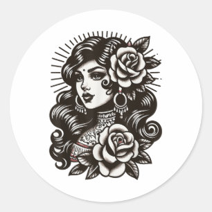 Adesivo Redondo Estilo de Tatuagem da Senhora Gypsy Vintage _1