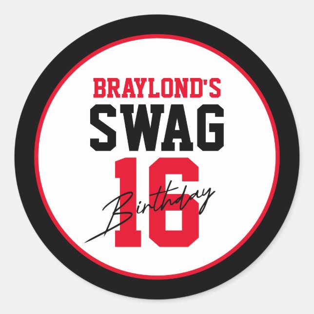 Adesivo Redondo Estilo de Varsidade Swag Vermelha 16 Aniversário (Frente)