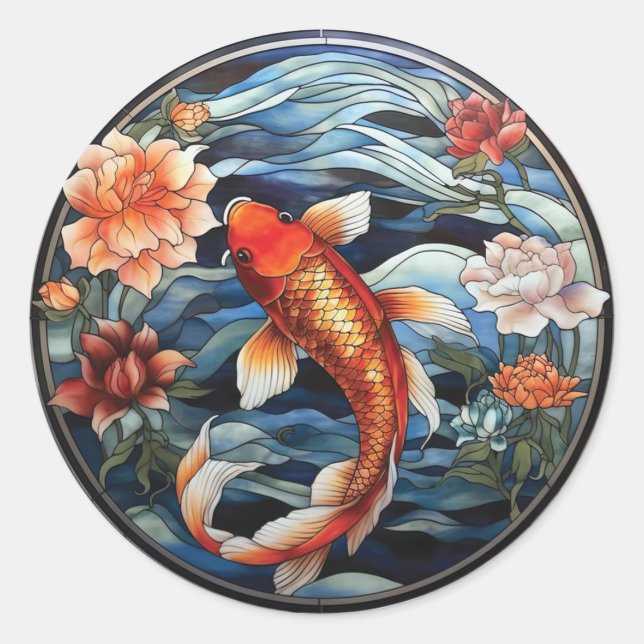Adesivo Redondo Estilo de Vidro Asiático Koi Fish e Camellias (Frente)