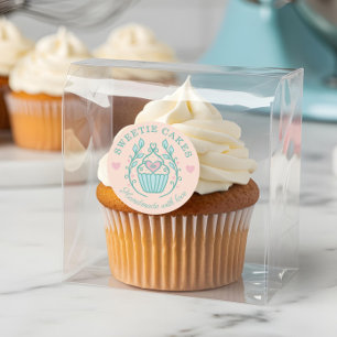 Adesivo Redondo Estilo Floral Cupcake Logotipo Leve Rosa