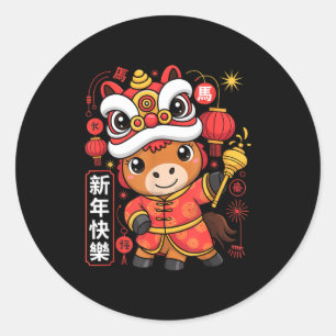 Adesivo Redondo Estilo Kawaii Ano do Cavalo 2026 Ano Novo Chinês
