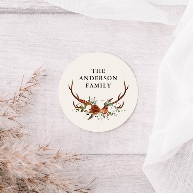 Adesivo Redondo estilo moderno elegante cervo aquarela terracota f (Criador carregado)