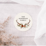 Adesivo Redondo estilo moderno elegante veado aquarela terracota<br><div class="desc">Adesivo de festa moderno e elegante com veado floral rústico tradicional. Parte de uma coleção elegante natural,  terracota,  preta e verde-sage.</div>