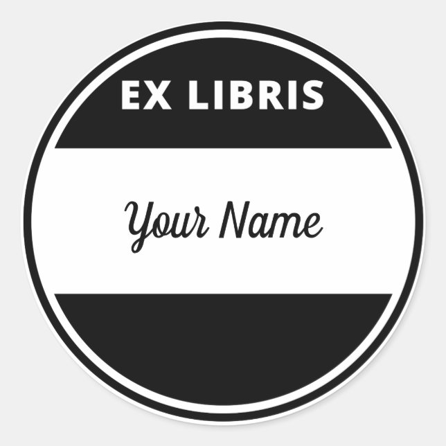 Adesivo Redondo Estilo Moderno Ex Libris Bookplate com Seu Nome (Frente)