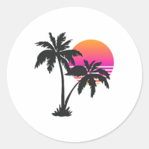 Adesivo Redondo Estilo Retrô Tropical Vintage Praia do Pôr do Sol
