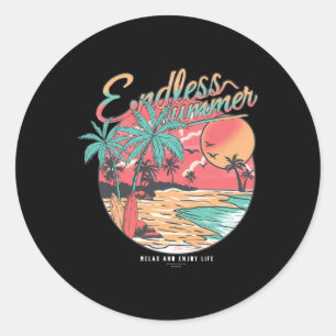 Adesivo Redondo Estilo Retro Vintage Pôr do Sol Palmeira Onda Surf