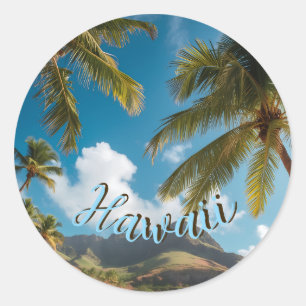 Adesivo Redondo Estilo Vintage Havaiano Palmeiras Mar Azul Céu Via