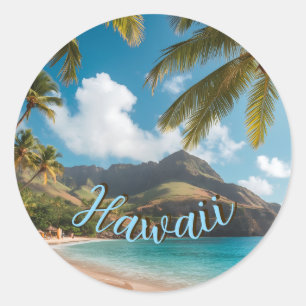 Adesivo Redondo Estilo Vintage Havaiano Palmeiras Mar Azul Céu Via