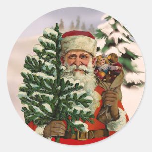 Adesivo Redondo Estilo Vintage Papai Noel sobre fundo de inverno