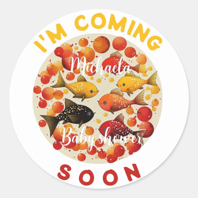 Adesivo Redondo Estou chegando Engraçado Chá de fraldas de Peixes  (Frente)