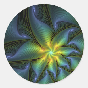 Adesivo Redondo Estrela Abstrata, Arte Fractal Dourada Verde Azul