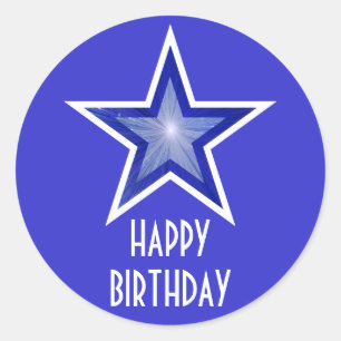 Adesivo Redondo Estrela Azul Escura 'Feliz Aniversário' em azul
