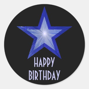 Adesivo Redondo Estrela Azul Escura "Feliz Aniversário" em preto