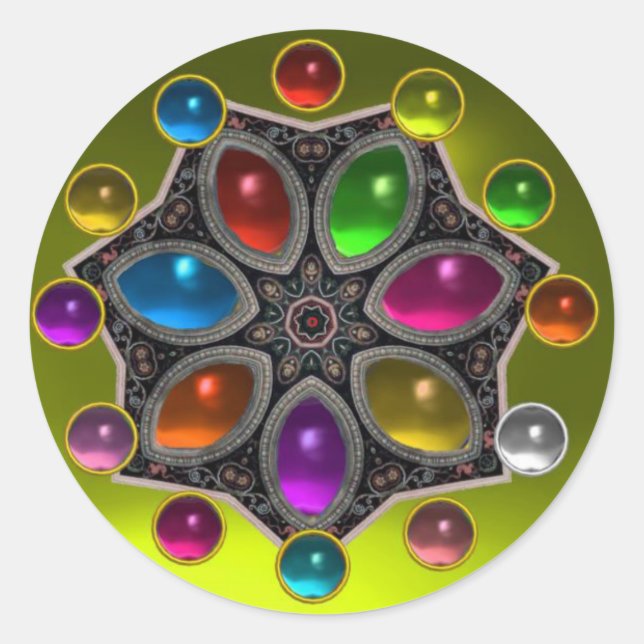 Adesivo Redondo ESTRELA BRILHANTE COM GEMSTONAS COLORIDAS Dourado  (Frente)