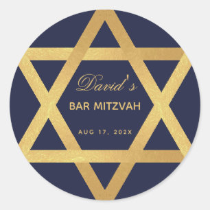 Adesivo Redondo Estrela de Davi Bar Mitzvah Azul Marinho com Folha