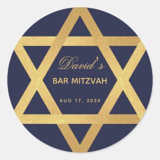 Adesivo Redondo Estrela de Davi Bar Mitzvah Azul Marinho com Folha