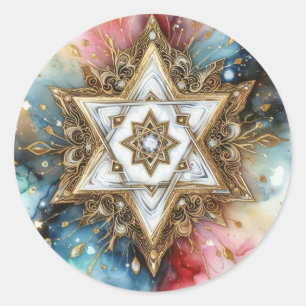 Adesivo Redondo Estrela de Davi Mármore Branco Dourado Abstrato Ro