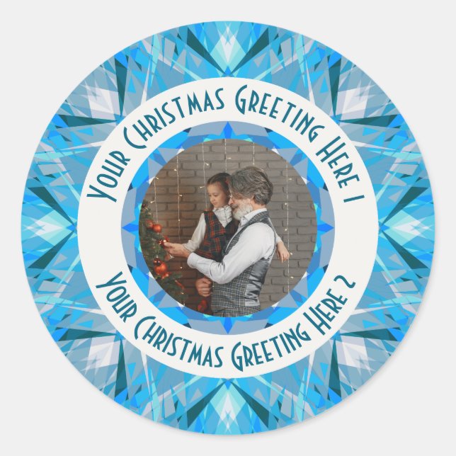 Adesivo Redondo Estrela de Natal Personalizada Inverno Azul Foto C (Frente)