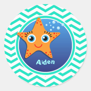 Adesivo Redondo Estrela do mar alaranjada; Aqua Chevron verde