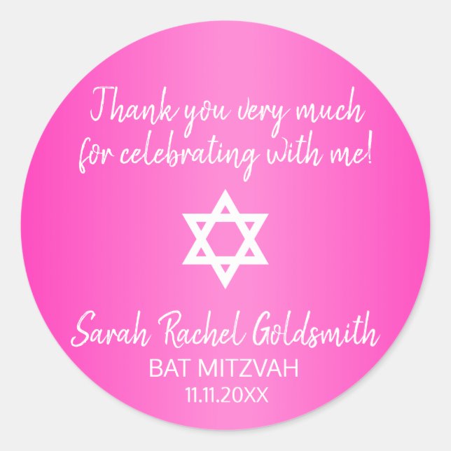 Adesivo Redondo Estrela Rosa Quente de David Bat Mitzvah Seals (Frente)