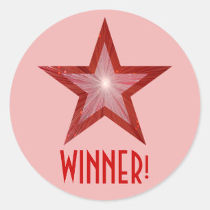 Adesivo Redondo Estrela Vermelha 'WINNER!' vinheta redonda rosa p