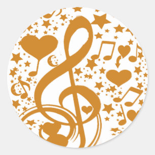 Adesivo Redondo Estrelas,Corações e as Notas Musicais,Ouro_