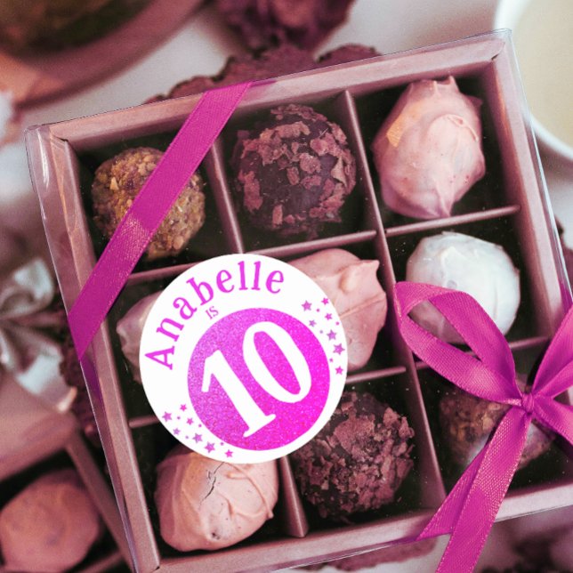 Adesivo Redondo Estrelas da Idade de Aniversário da Glitter Rosa B (Criador carregado)