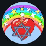 Adesivo Redondo Estrelas do Arco-íris e Judeus<br><div class="desc">Cores arco-íris e estrelas judias rodeiam o nosso coração amoroso na beleza da religião.</div>