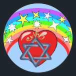 Adesivo Redondo Estrelas do Arco-íris e Judeus<br><div class="desc">Cores arco-íris e estrelas judias rodeiam o nosso coração amoroso na beleza da religião.</div>