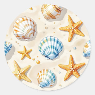 Adesivo Redondo Estrelas-do-Mar Conchas Marinhas Padrão de Praia