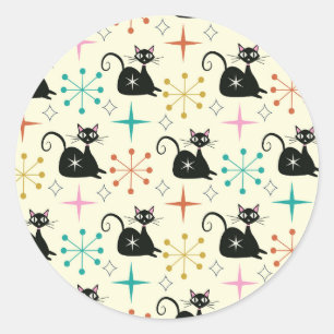 Adesivo Redondo Estrelas do Meio do Século com Gato Atômico Preto