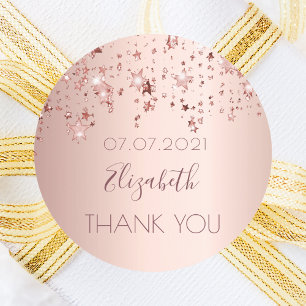 Adesivo Redondo Estrelas dourado-rosadas de aniversário Obrigado