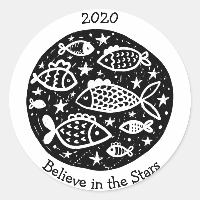 Adesivo Redondo Estrelas e constelações Peixes Pesca B/W (Frente)