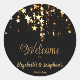 Adesivo Redondo Estrelas pretas elegantes e douradas, aniversário 
