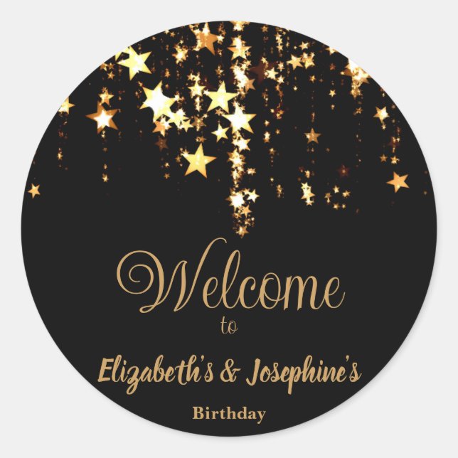 Adesivo Redondo Estrelas pretas elegantes e douradas, aniversário  (Frente)