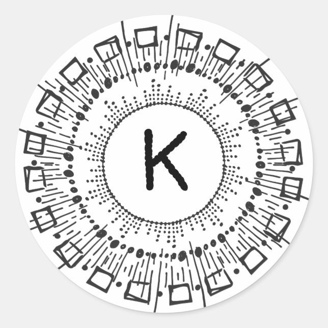 Adesivo Redondo Estrelo dos Círculos Desenhados à Mão Branca Preta (Frente)