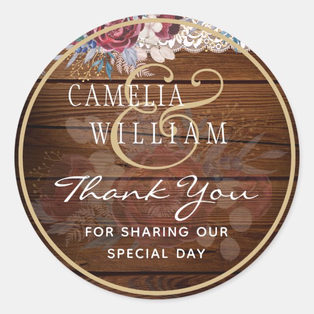 Adesivo Redondo Eterno Rustic Blue Burgundy Floral Lace Casamento (Frente)