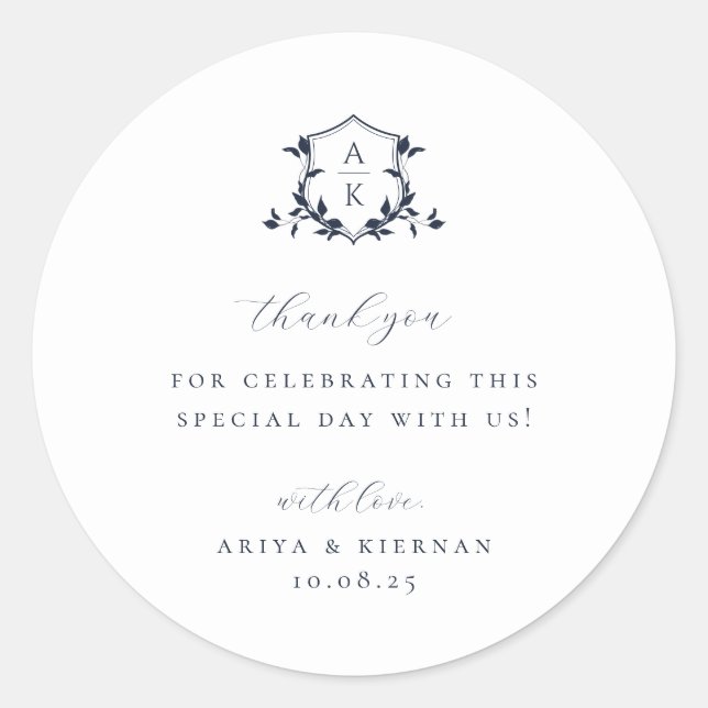 Adesivo Redondo Eterno Vinha Marinho Crest Casamento Monograma (Frente)