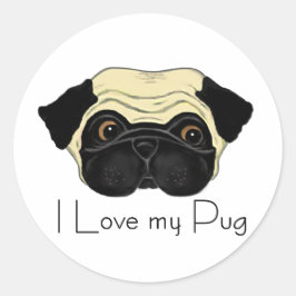 Adesivo Redondo Eu adoro a minha citação de Pug Cute e Love