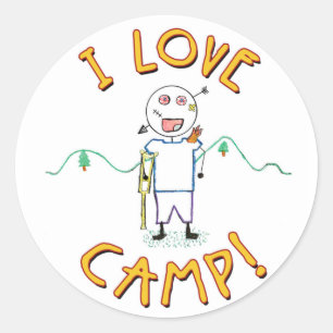Adesivo Redondo Eu Amo Acampamento - Desenho Divertido de Acampame
