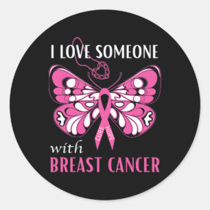 Adesivo Redondo Eu Amo Alguém Com Borboleta De Cancer De Mama Rosa