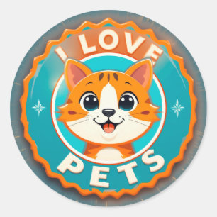 Adesivo Redondo Eu amo animais de estimação gato fofo