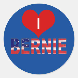 Adesivo Redondo Eu Amo BERNIE! Em Azul Com Bandeira