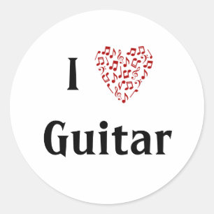 Adesivo Redondo Eu Amo Guitarra Coração Vermelho de Notas Musicais