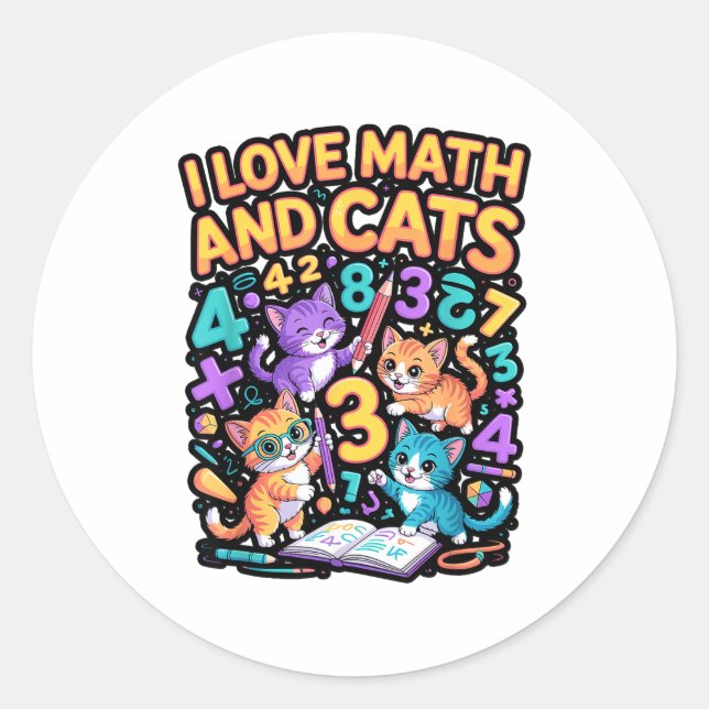 Adesivo Redondo Eu Amo Matemática E Gatos Professor Aluno  (Frente)