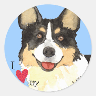 Adesivo Redondo Eu amo meu Corgi de Galês do casaco de lã
