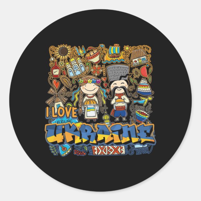 Adesivo Redondo Eu amo o rabisco da Ucrânia com a bandeira ucrania (Frente)