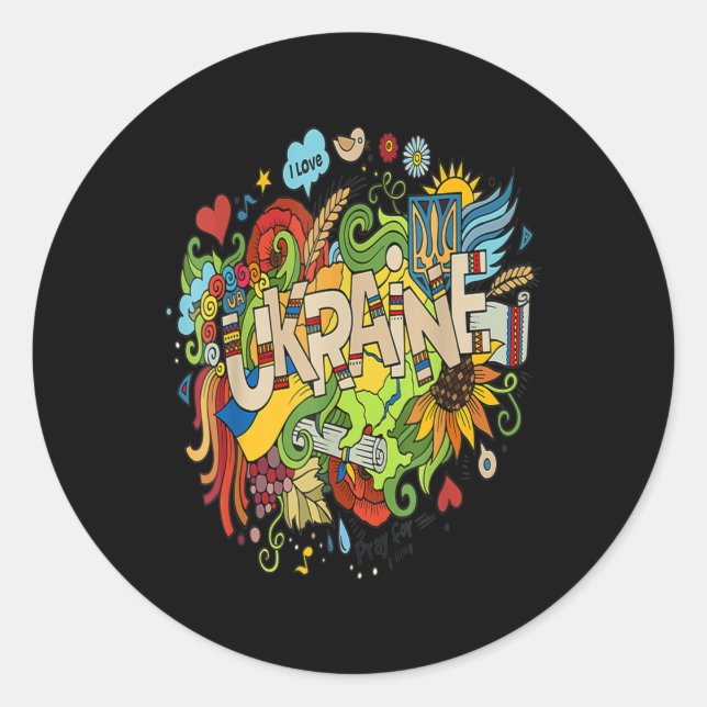 Adesivo Redondo Eu amo o rabisco da Ucrânia com a oração da bandei (Frente)